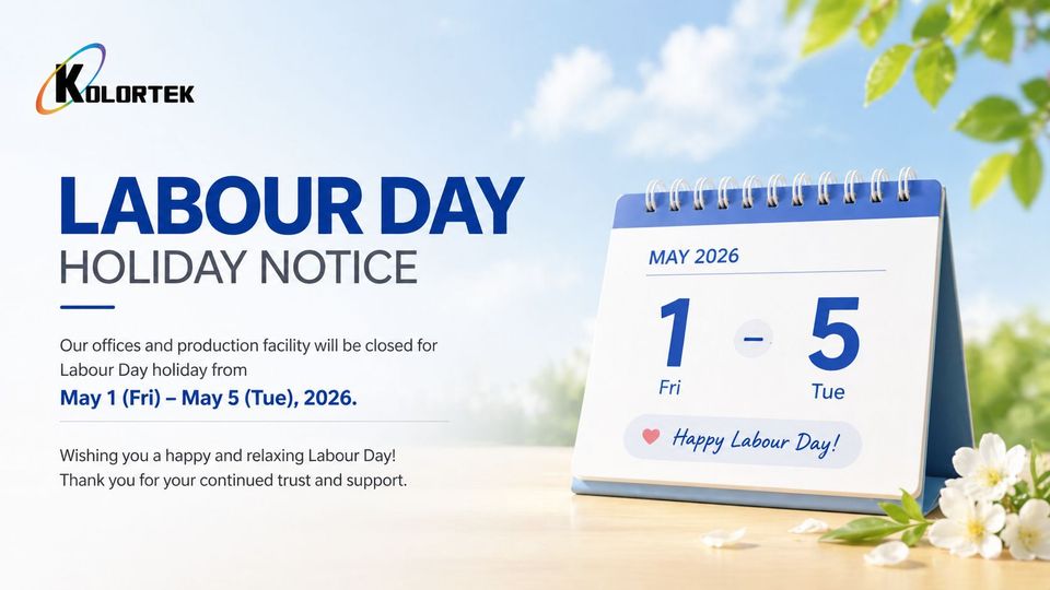 Aviso de feriado do Dia do Trabalho da Kolortek — maio de 2026